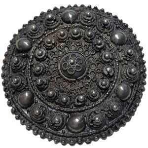 Vintage Etruscan Circle Brooch Silver Domed  Middle Eastern